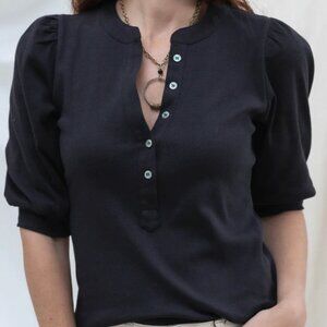 MacAndMe Elbow Sleeve Button Front Top - Black, Size M